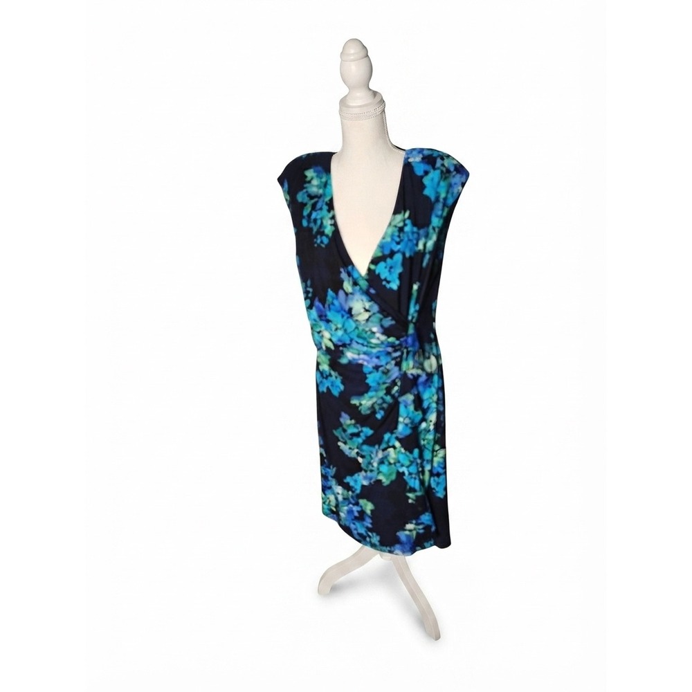 American Living Blue Green Floral Faux Wrap Sheath Dress Navy Sleeveless 16‎
